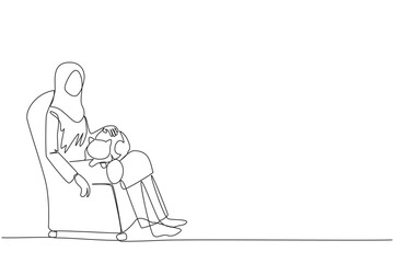 Obraz premium Single continuous line drawing of young beautiful Arabian woman sitting on the couch hugging the cat on her thigh. Owner of feline animal petting it with love. One line design vector illustration