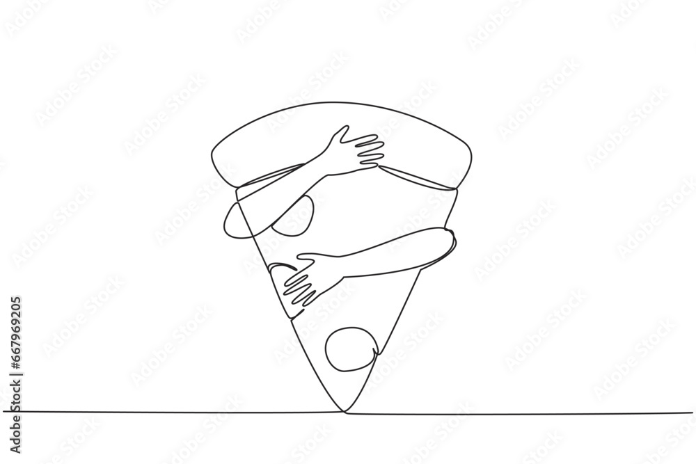 Aufkleber single continuous line drawing of hands hugging pizza slice. one slice of pizza contains up to 700 c