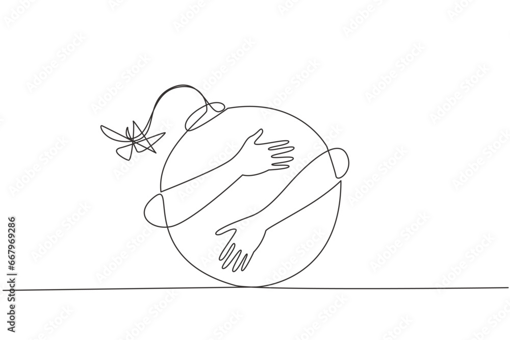 Poster single one line drawing of hands hugging large bomb with a burning fuse. a dangerous business of car