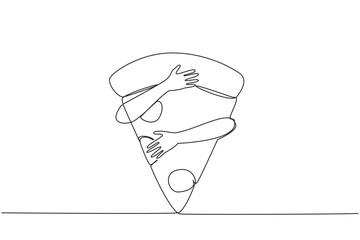 Single continuous line drawing of hands hugging pizza slice. One slice of pizza contains up to 700 calories. Excess calories are not good for the body. Junk food. One line design vector illustration