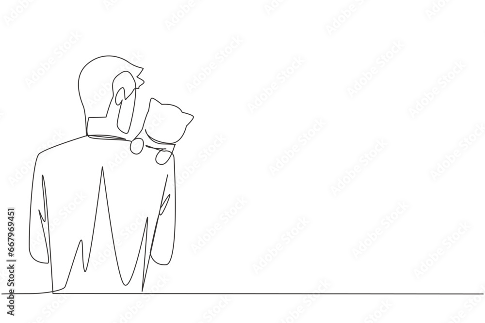 Aufkleber continuous one line drawing of back view young man hugging cat. dusk is the perfect time to take bel