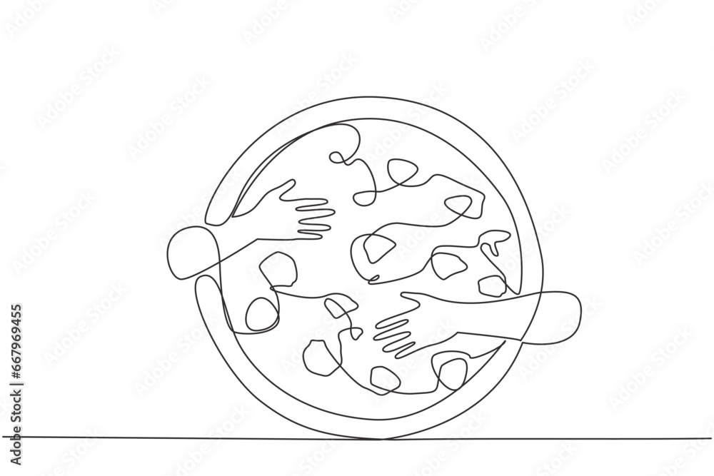 Poster continuous one line drawing of hands hugging pizza. culinary from italy which is now known throughou