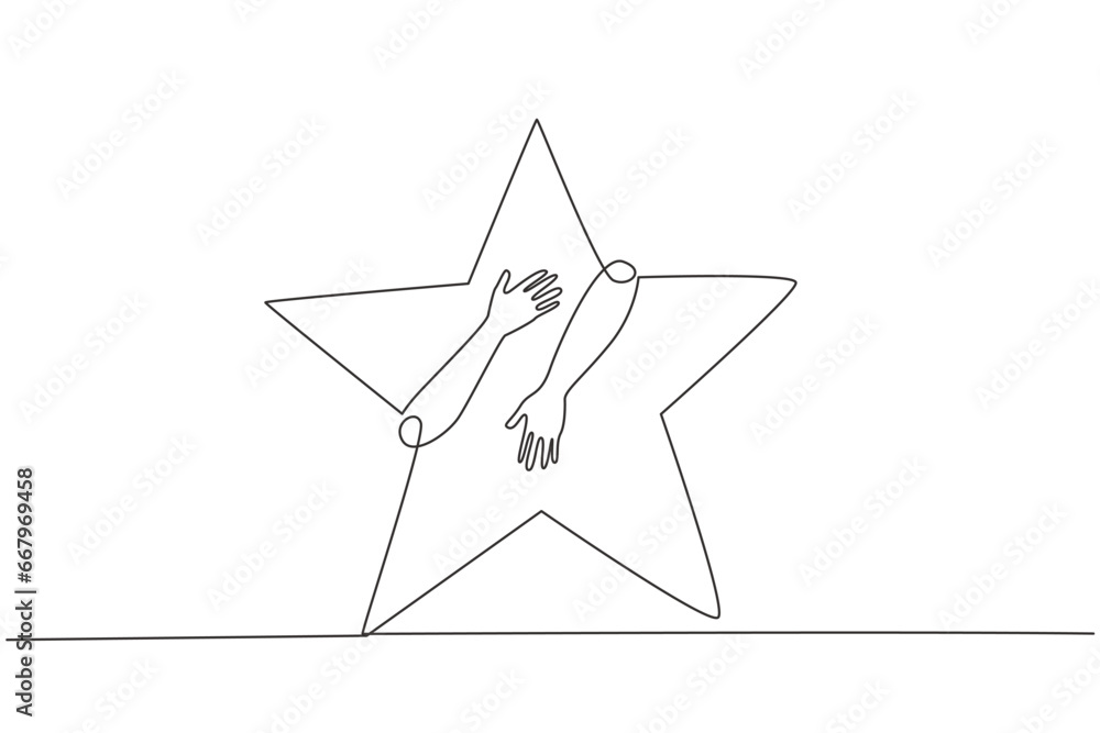Poster continuous one line drawing of hands hugging five pointed star. successfully touching the stars mean