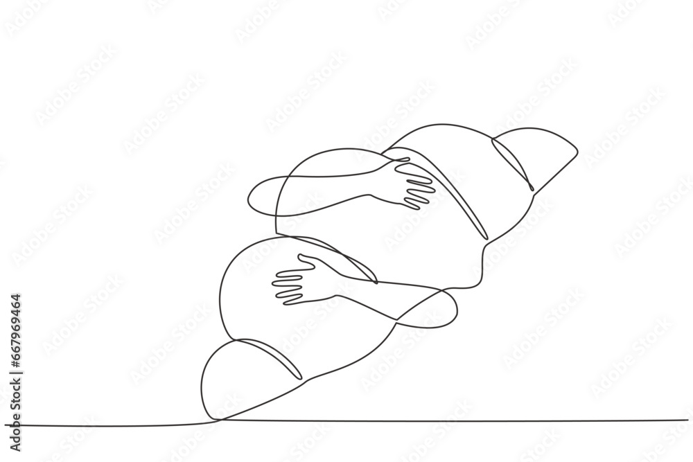 Poster single one line drawing of hands hugging croissant. food in the form of soft bread in the shape of a