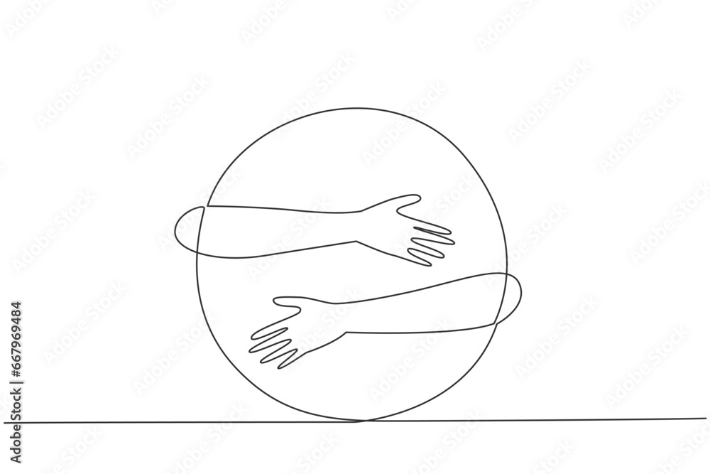 Poster single continuous line drawing of human hands hugging circle. passion in creating innovative logo. s
