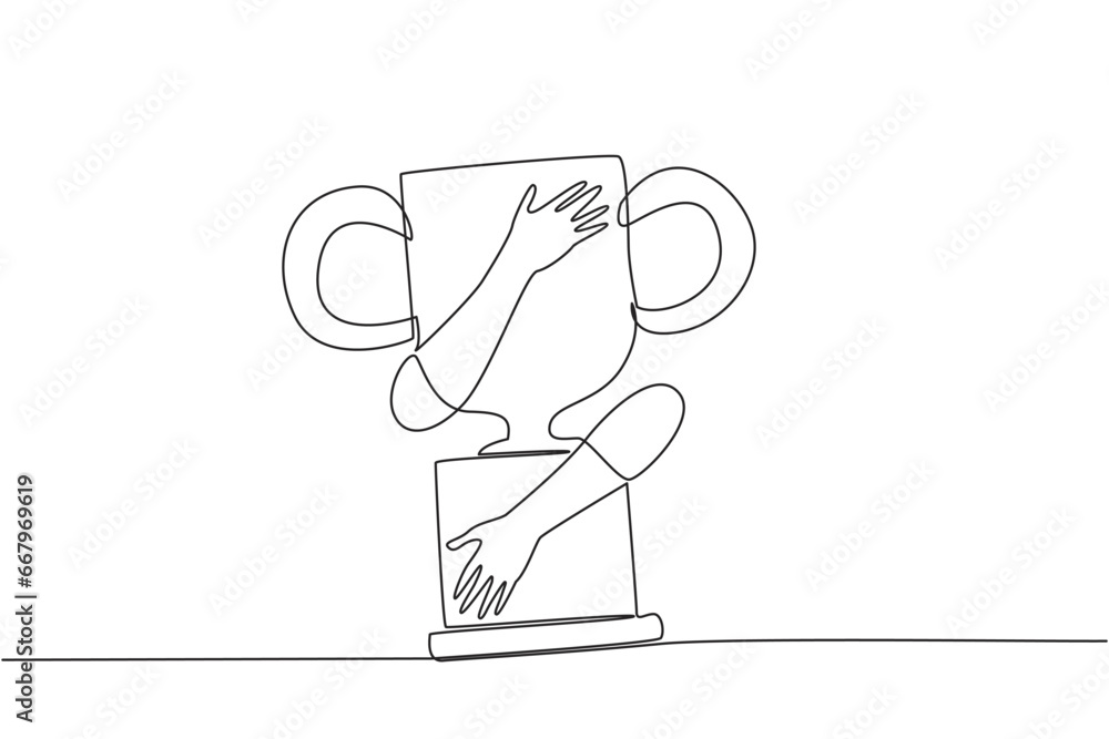 Aufkleber single one line drawing of hands hugging trophy. grasp the victory after a long struggle in running 