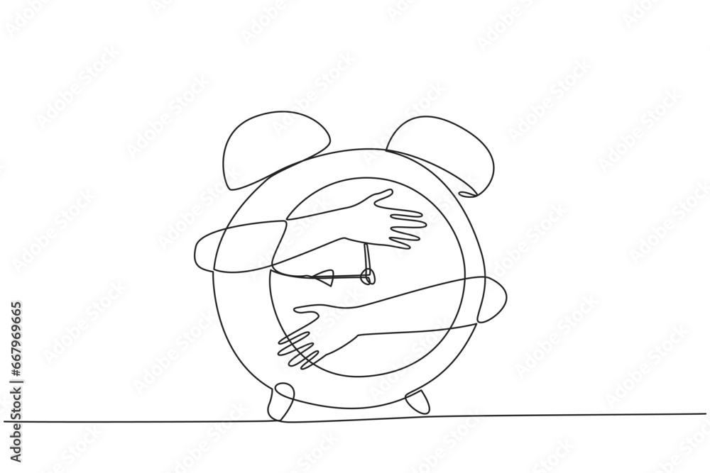 Poster single one line drawing of hands hugging alarm clock. business decisions taken will determine every 
