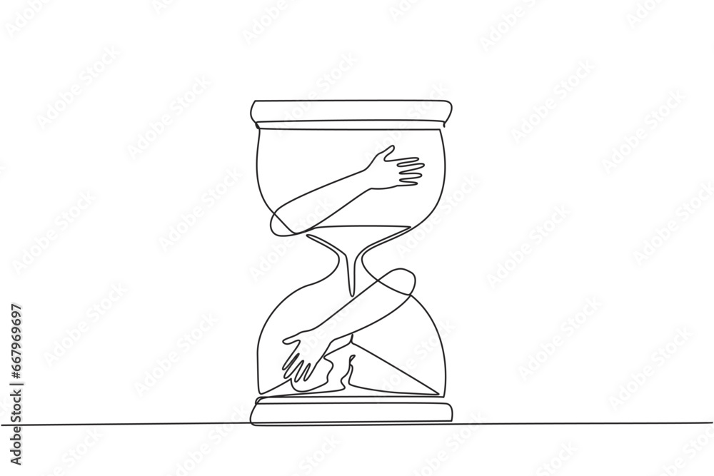 Poster continuous one line drawing of hands hugging hourglass. no time is allowed to be wasted in taking ad