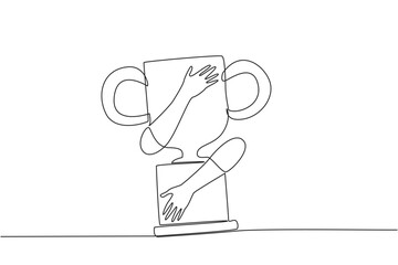 Single one line drawing of hands hugging trophy. Grasp the victory after a long struggle in running a new startup business. Smart business concept to develop company during pandemic. Continuous line