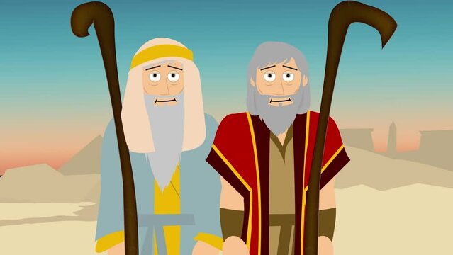 Cartoon Bible Illustration of Moses and Aaron listening to God's instruction