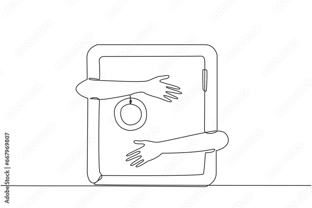 Aufkleber continuous one line drawing of hands hugging safe deposit box. a concept used to store files, money 