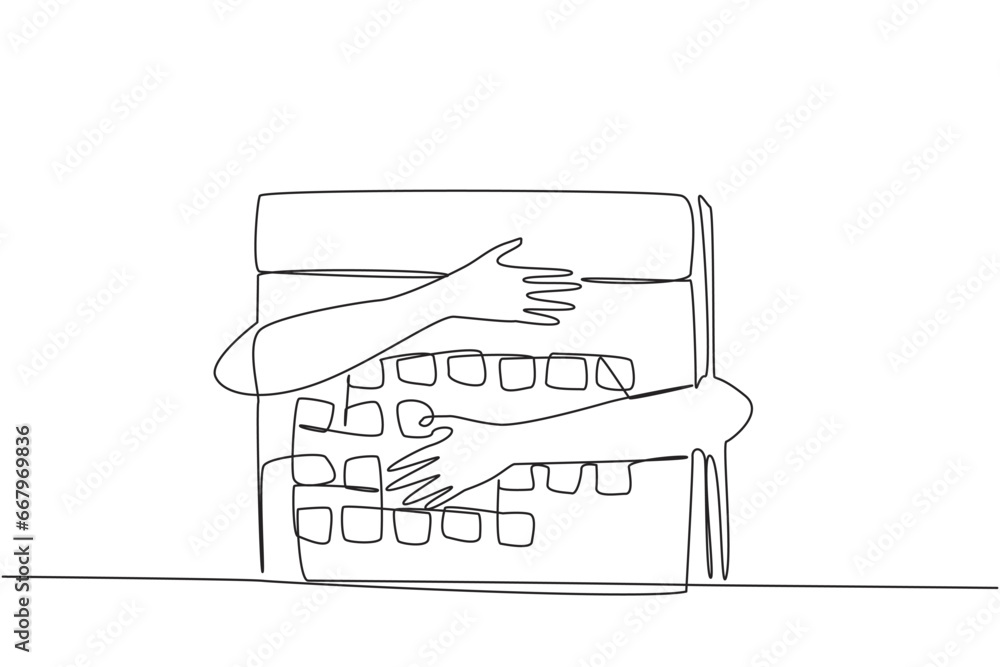 Poster single continuous line drawing of hands hugging desk calendar. a planned business is a must have to 