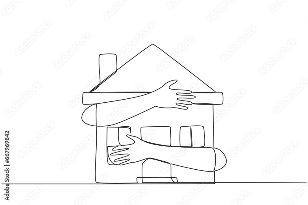 Poster continuous one line drawing of hands hugging miniature house. concept of making house as collateral 