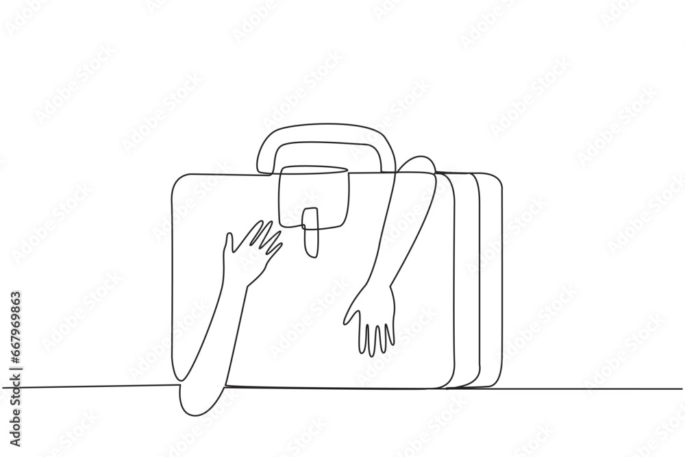 Poster single one line drawing of hands hugging briefcase. a journey that is needed to find experience so t