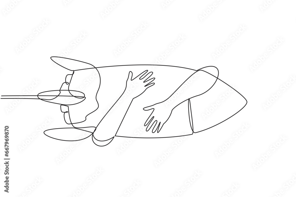 Aufkleber single continuous line drawing of hands hugging flying rocket. entrepreneur starting a new business 