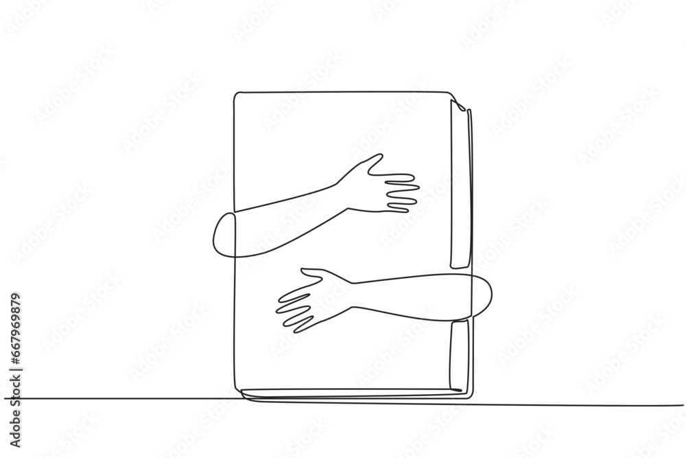 Poster continuous one line drawing of hands hugging book. reading books can explore a new world about busin