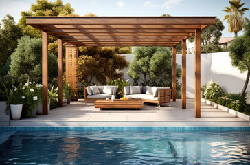 3d rendering of a terrace in the middle of a modern home with wooden deck and large pool