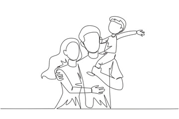 Single one line drawing of young woman hug her handsome husband who is holding their little cute son. Smiling couple with child. Happy family concept. Continuous line design graphic illustration