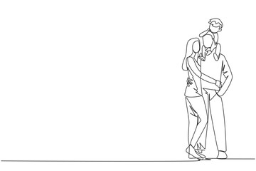 Continuous one line drawing of young woman hug her handsome husband who is holding their little cute son on shoulders hug. Smiling couple with child. Happy family relations. Single line draw  vector