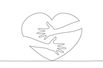 Single one line drawing of hands hugging big red heart. Hands holding heart. Symbol of charity. Generosity illustration. Care for others. Sharing concept. Continuous line design graphic illustration
