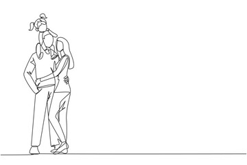 Single continuous line drawing of young woman hug her handsome husband who is holding their cute daughter on shoulders hug. Smiling couple with child. Happy family relations. One line design vector