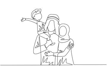 Single one line drawing of young Arabian woman hug her handsome husband who is holding their little cute son. Smiling couple with child. Happy family concept. Continuous line design illustration