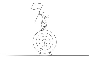 Single one line drawing of Arabian businesswoman standing on big arrow target board raising flag. Focus on targets, be patient, smart business, success will be achieved. Continuous line design graphic