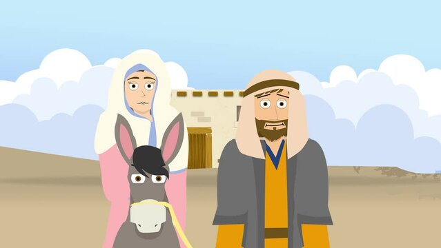 Cartoon Bible Illustration of Mary and Joseph travelling to Bethlehem