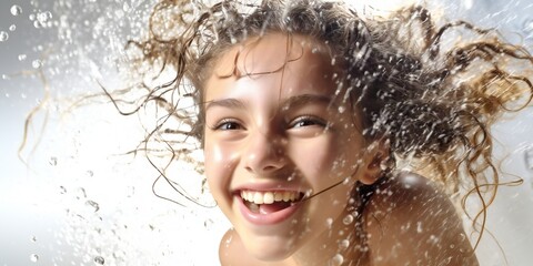 Beautiful happy young girl in fresh shower on white background Generative AI - obrazy, fototapety, plakaty