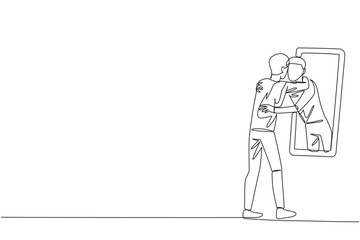 Single continuous line drawing of young happy trendy man stand in front of mirror. His reflection get out of mirror and hug each other. Caring. Self love concept. One line design vector illustration