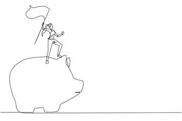Single one line drawing of successful businesswoman standing on giant piggy bank raising flag. Making investments during the corona pandemic to keep business survive. Continuous line design graphic