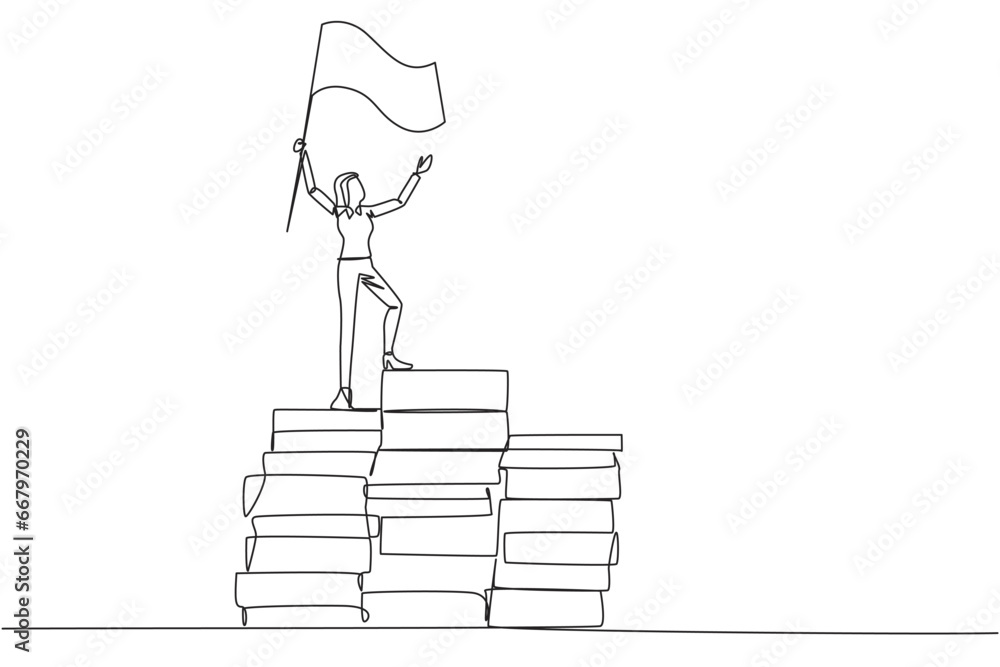 Poster single one line drawing of businesswoman standing on piles of paper document raising flag. create bu
