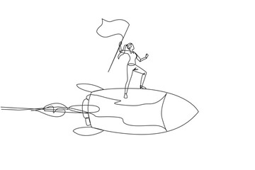 Single continuous line drawing of young successful businesswoman standing on flying rocket through the sky raising the flag. Entrepreneur starting a new business startup. One line design illustration