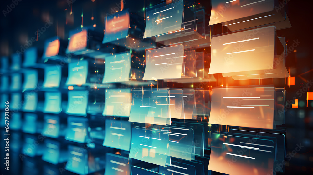 Poster abstract network grid with files and folders, futuristic software interface, digital document manage