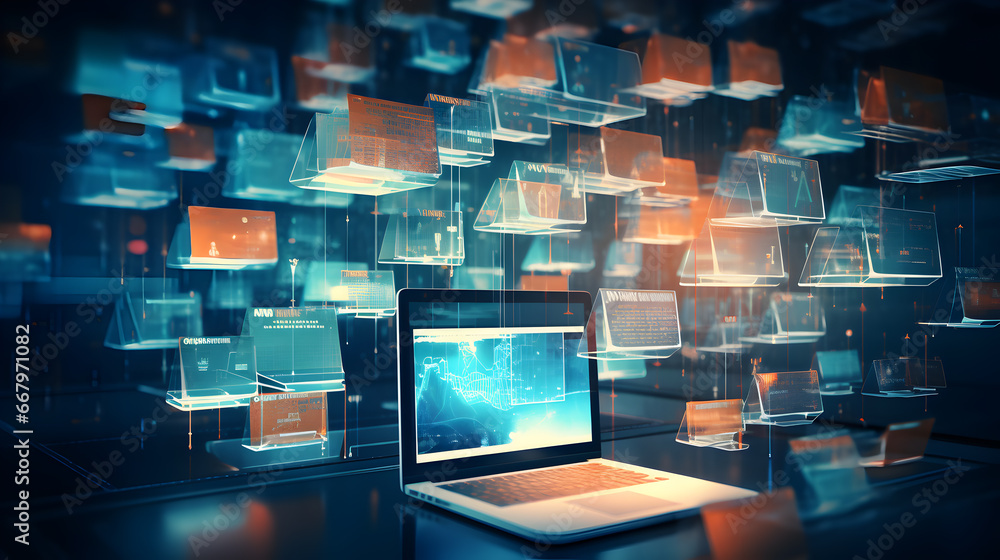 Poster abstract network grid with files and folders, futuristic software interface, digital document manage