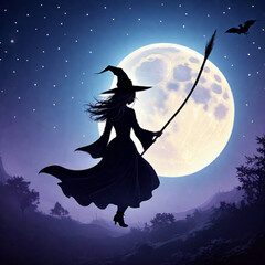 Fototapeta na wymiar witch-flying-on-her-broomstick-under-the-full-moonimage-style-illustrationangle-medium-shot-wi_(4).