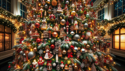 Naklejka premium Christmas tree decorated with red and green baubles and garlands. Generative ai.