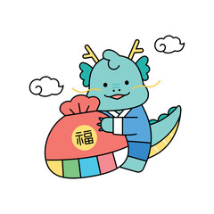 Cute baby blue dragon character. A blue dragon wearing traditional Korean costume is holding a lucky bag. - obrazy, fototapety, plakaty