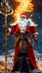 Santa Claus in armour with a large sorcerer's staff with a fire tornado in the background