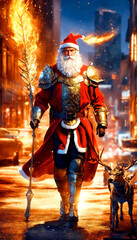 Santa Claus in armour with a large burning sorcerer's staff walks down the street of a modern night city