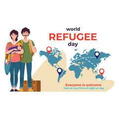 A welcoming illustration for World Refugee Day depicting a man and woman holding a baby in front of a world map.