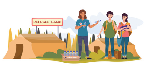 A group of volunteers and refugees stands united in front of a refugee camp, ready to offer aid and support.