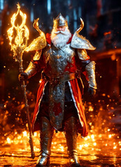 Santa Claus in armour with a large burning sorcerer's staff walks down the street of a modern night city