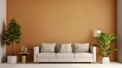 Fototapeta na wymiar Living room interior wall mockup in warm tones with sofa on empty wall background.