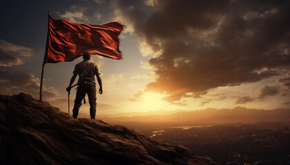 Man with a flag on top of the high cliff of mountain