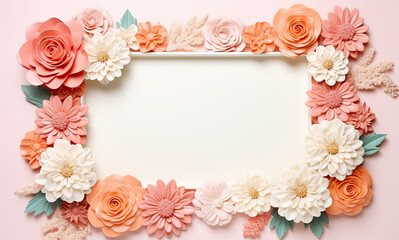photo frame with cut flowers, leaves, branches, and greens,