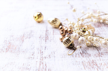 Christmas decoration on rustic wooden background. Soft focus. Copy space.