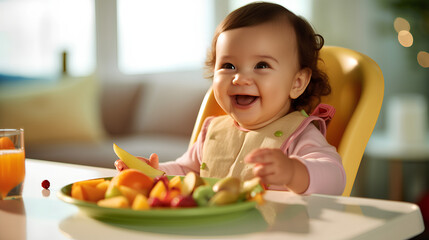 A cute child with a food allergy to various foods is sitting at a table in front of a variety of foods.