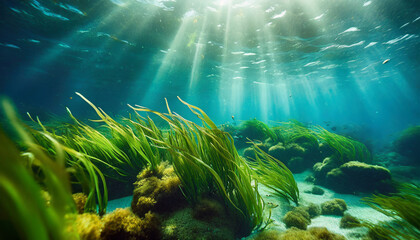 Fototapeta na wymiar Underwater view of a group of seabed with green seagrass. High quality photo