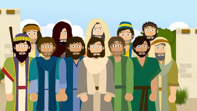 Cartoon Bible Illustration of Jesus walking with His disciples